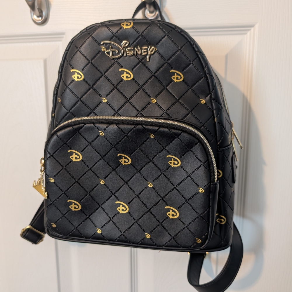 Loungefly Disney "D"  Black and Gold Quilted Backpack